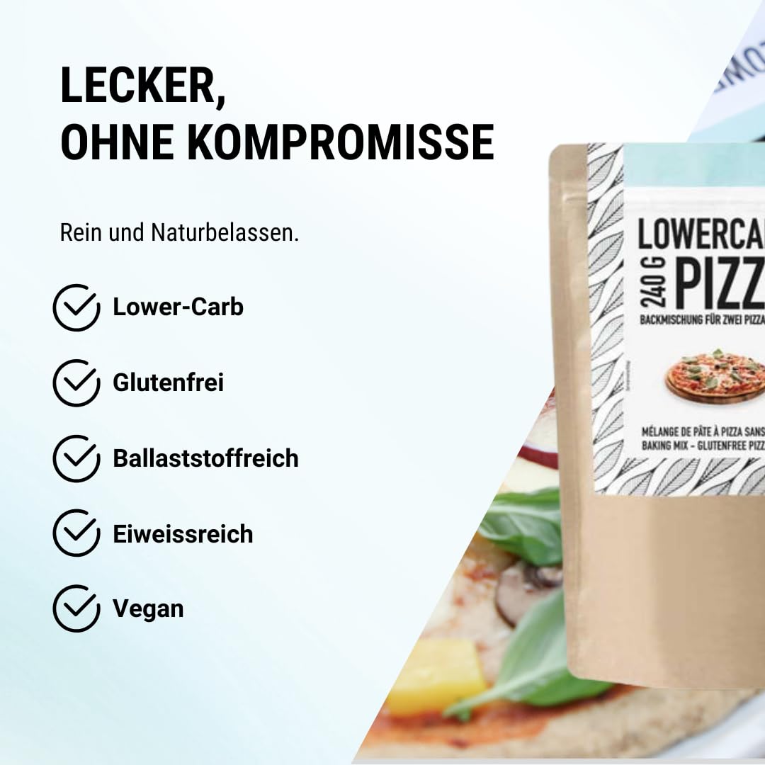 Mezcla de pizza baja en carbohidratos para 2 bases de pizza o 1 molde | 90% menos de carbohidratos | Sin gluten, 29 g de proteína vegana, con harina de almendras, cáscaras de psyllium y linaza, cetog
