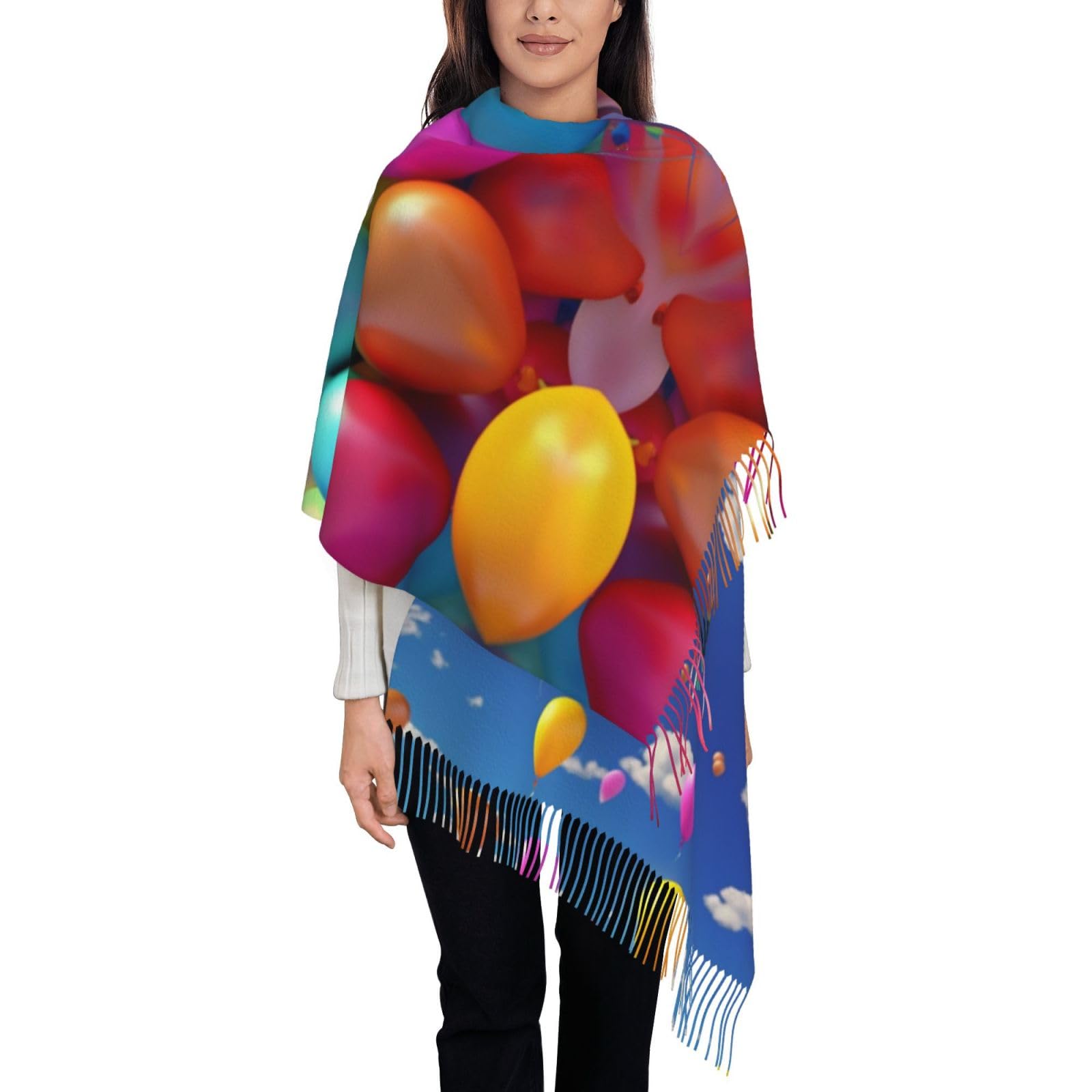 Écharpe d'hiver châle Noir à pompons et imprimés ballons - 8
