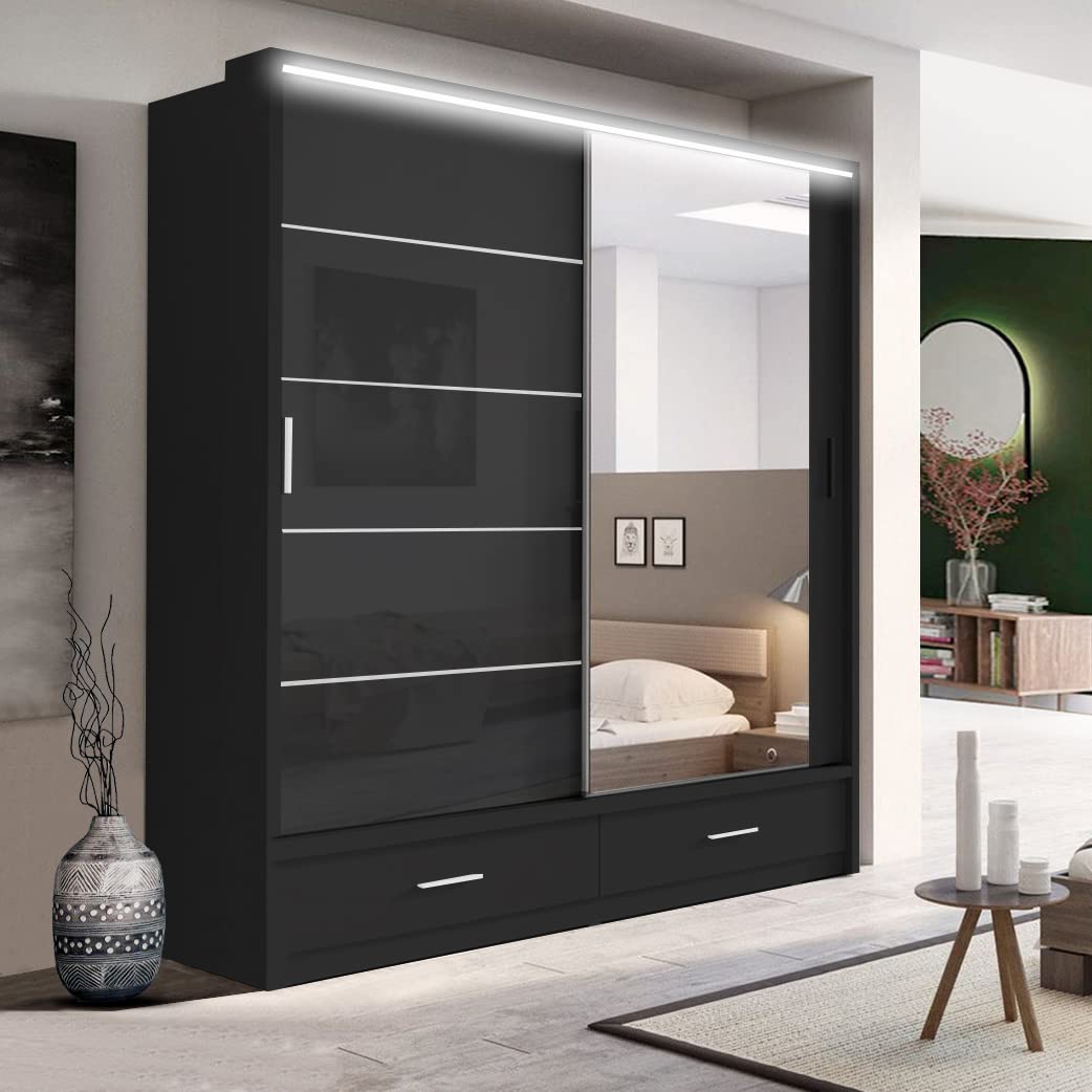 Texas Modern Full Mirror sliding door Bedroom wardrobe with LED Light Width 100cm/120cm/150cm/180cm/203cm/250cm(Black, 203CM)