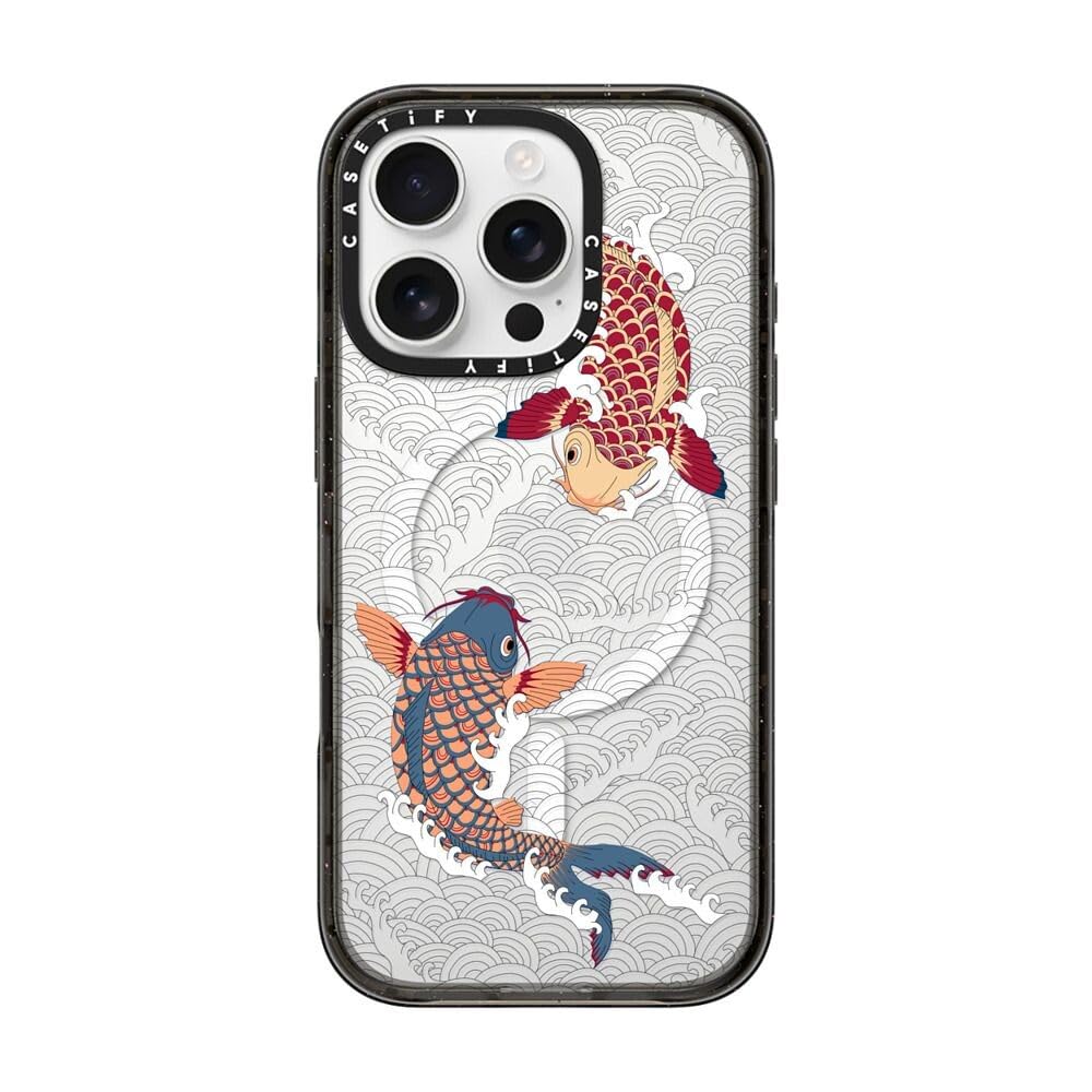 CASETiFY インパクト MagSafe対応 iPhone 16 Pro ケース [スリム / 2.5mの落下試験をクリア (MIL規格4倍相当) / ワイヤレス充電およびMagsafe対応] - koi fish Japanese tattoo style transparent pattern - クリア ブラック