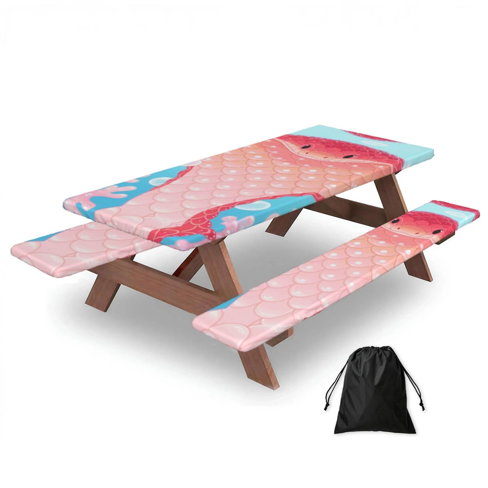 FekiLoot Snake Picnic Table Cover with Bench Covers and Bag, Windproof Waterproof Rectangle Tablecloth with Elastic Edges Fitted Camping Table Covers for Picnic Party Travel