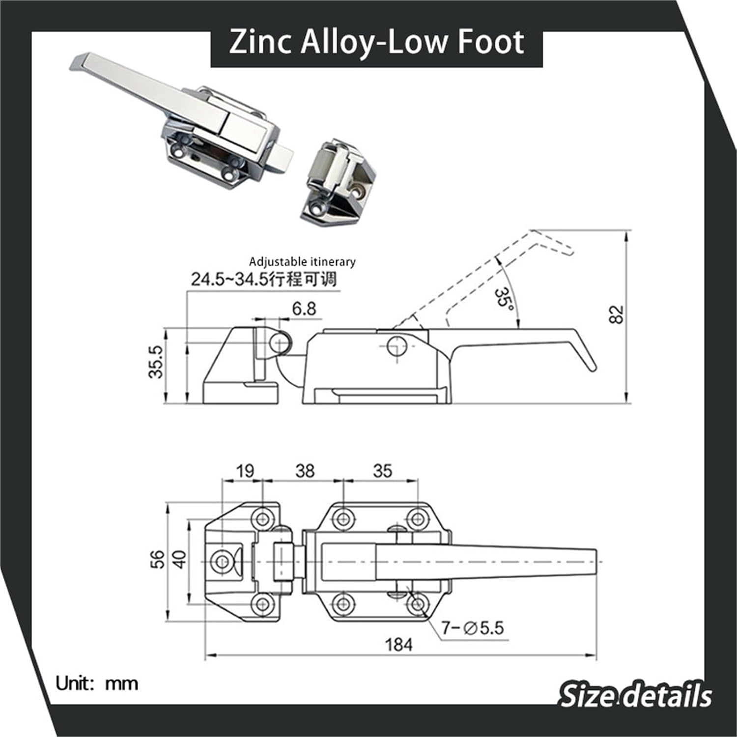 Adjustable Door Handles Zinc Alloy Freezers Industrial Equipment Locks 1Pcs(Low Foot)