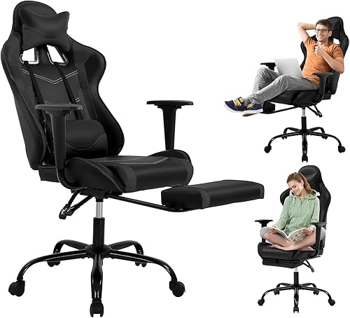 BLKMTY Silla para videojuegos, silla reclinable para computadora con reposapiés y soporte lumbar, silla de juego ajustable en altura con asiento