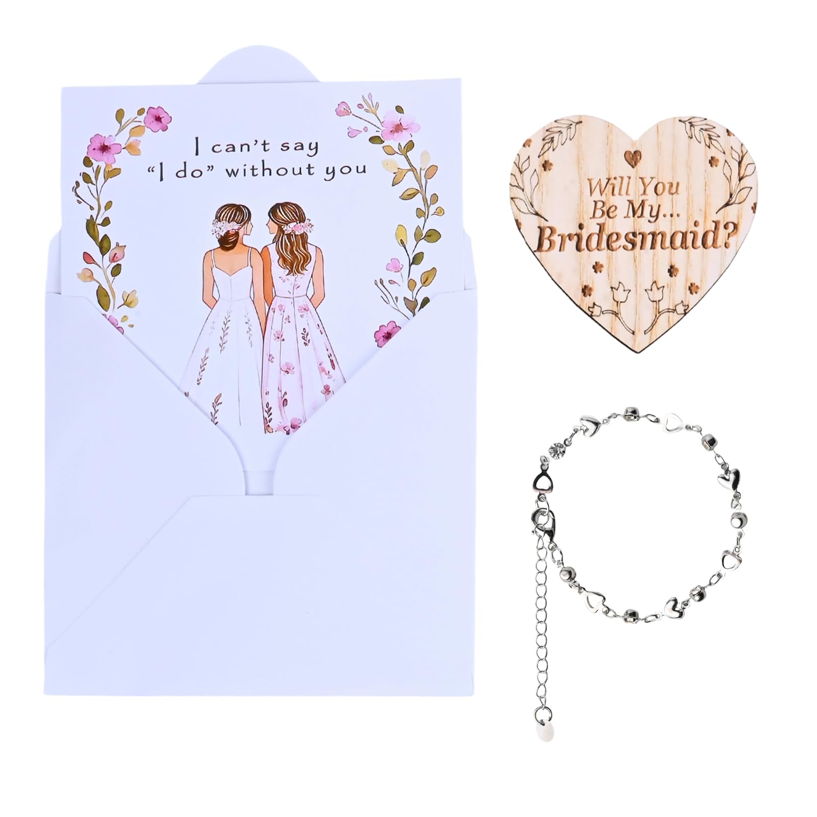 Will You Be My Bridesmaid Card, White Wooden Proposal Card with Silver Bracelet & Envelope, Bridesmaid Keepsake Gift