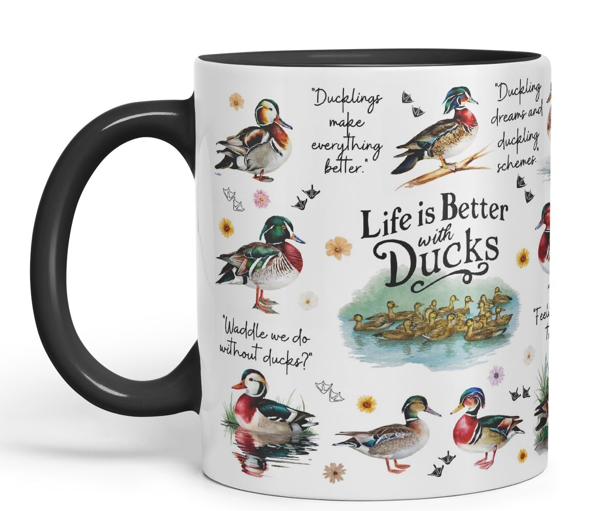Vixar Life is Better with Ducks – Funny Animal Coloured Mug Cup 11oz (Black)