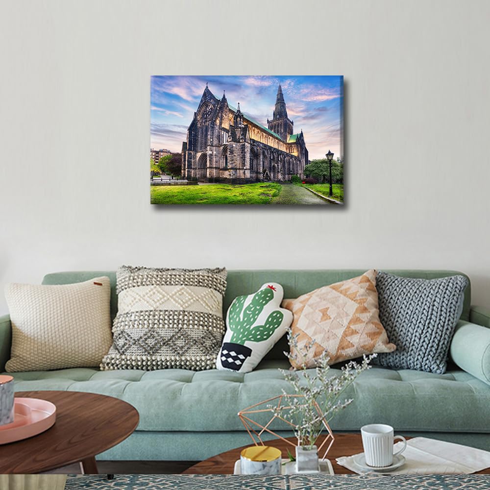 Glasgow Wall Art Cityscape Prints on Canvas Glasgow Cathedral Wall Paintings The High Kirk of Glasgow in Scotland Wall Decoration for Living Room Bedroom Framed 24"x16" - Image 3