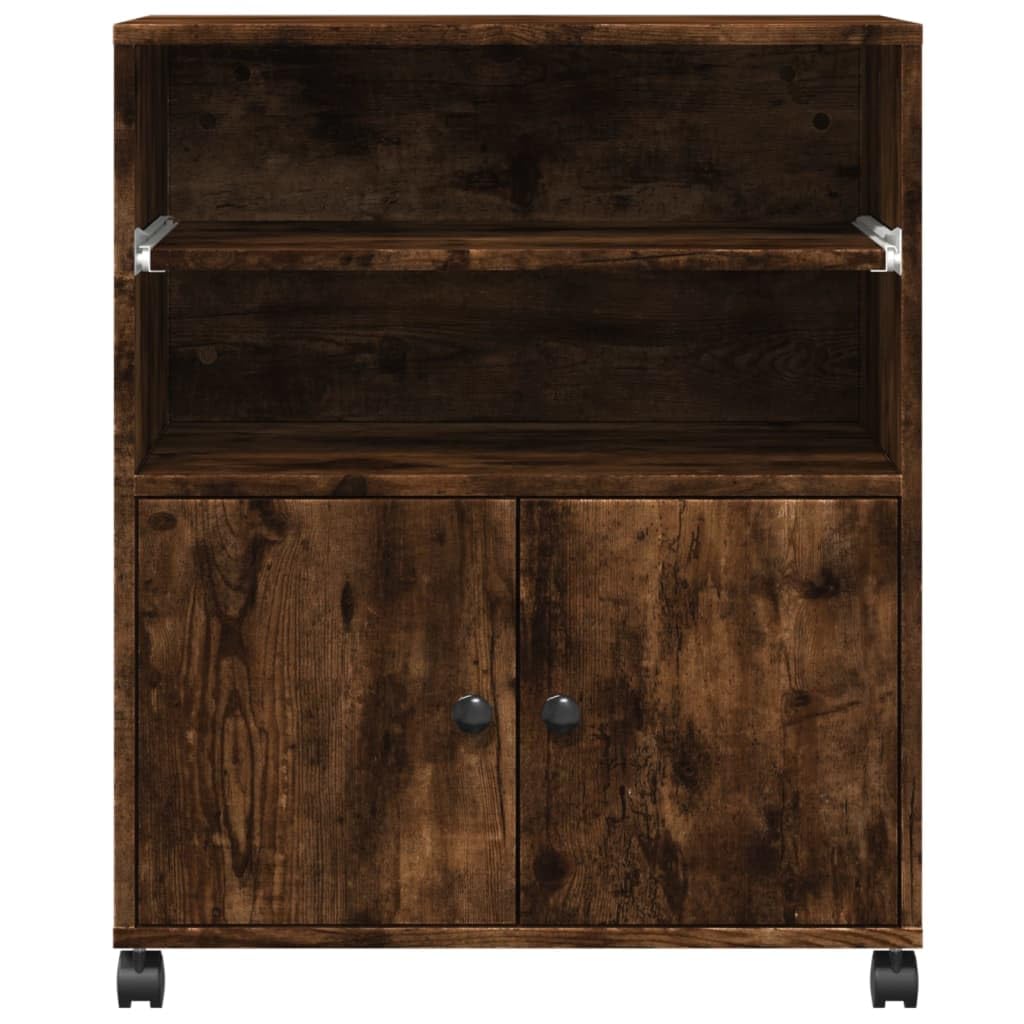 Druckerständer mit Rollen Räuchereiche 60x48x74 cm, Druckerwagen auf Rollen mit 2 arretierbaren multifunktionaler Druckertisch als Bücherregal, Aktenregal oder Beistelltisch,