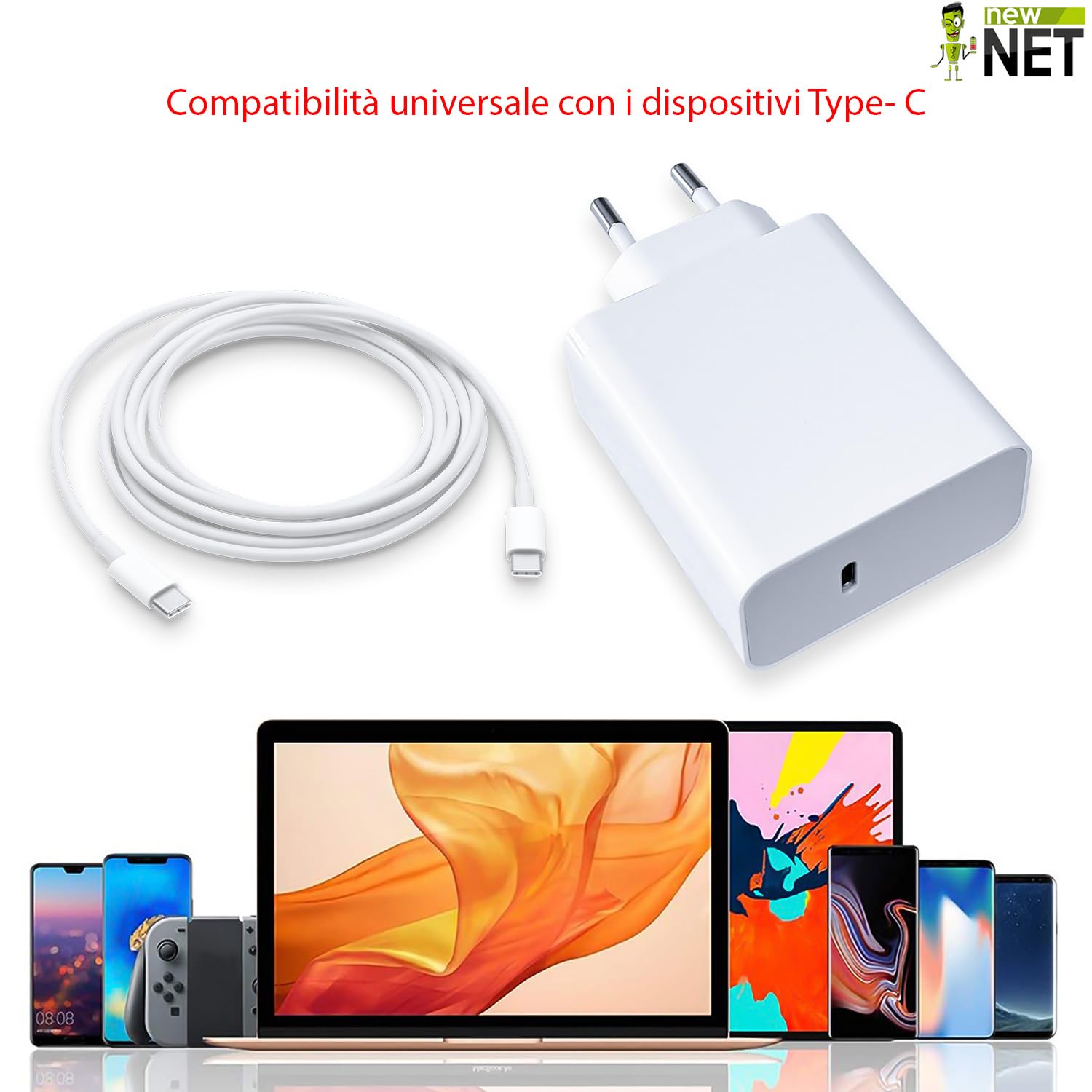 New Net - Alimentatore USB-C 61W compatibile con Huawei, per smartphone, tablet, auricolari, wearables, design slim portatile universale compatto