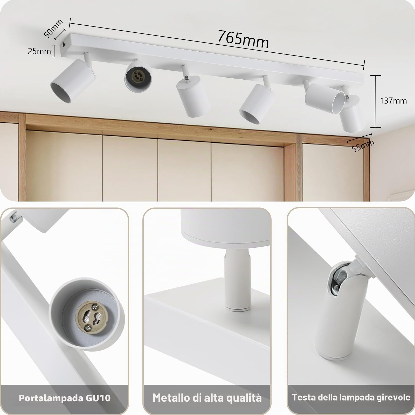 ZMH Plafoniera LED Bianco Faretto a soffitto: Lampadario a soffitto 6 fiamma a LED GU10, girevole di 330°, Lampada da soffitto moderna stile industriale Applique da parete, senza lampadina