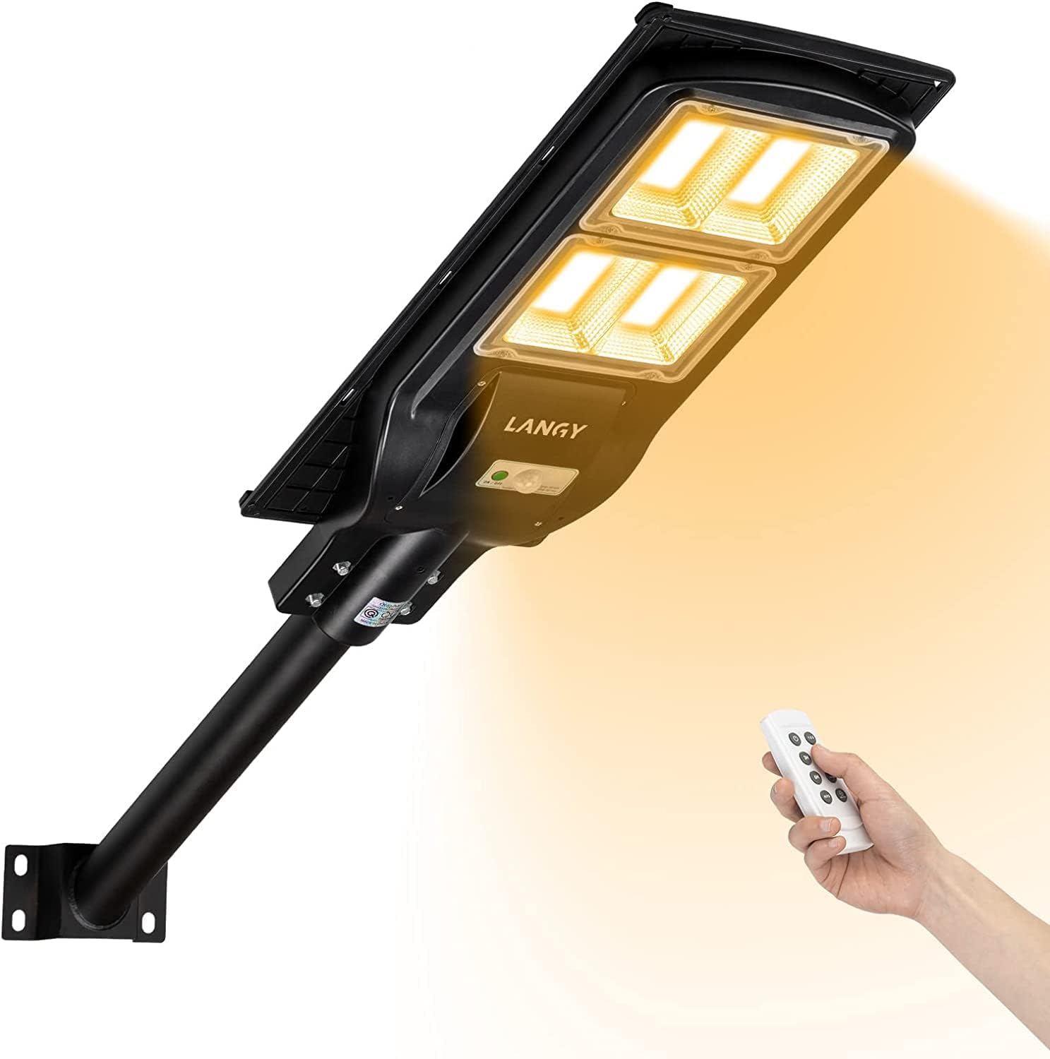 LANGY Solar Street Lights Outdoor Warm white, Commercial Parking Lot Lights Yellow LED Chips 3000k Solar Street Light with Motion Sensor  Dusk to Dawn IP65 with Remote Control for Barn, Yard, Pathway