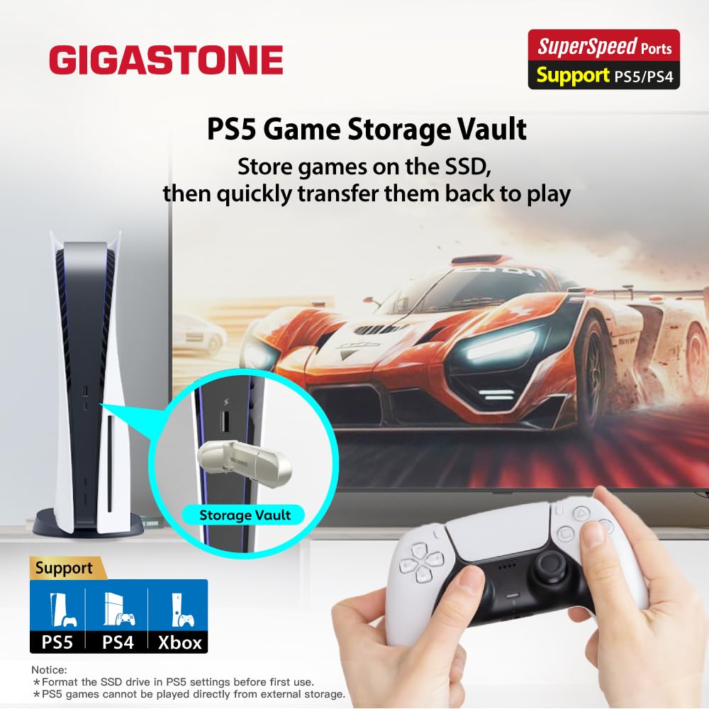 Gigastone SSD esterno 1TB, USB-A+C, fino a 500MB/s. Portatile per backup, compatibile con PS5, iPhone 16, MacBook, iPad, Xbox e Playstation. Supporta 4K 60fps ProRes, USB 3.2 Gen2