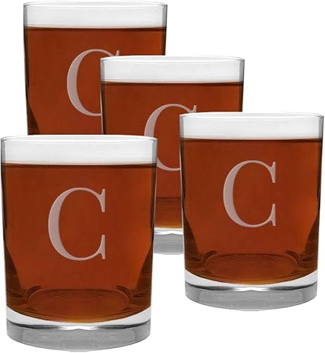 CEDAR CRATE MARKET Juego de 4 piezas de vidrio grabado con monograma de letra C, 13.5 onzas