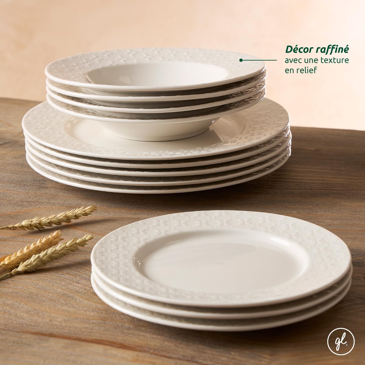 Geneviève Lethu 545867 Service de Table en Porcelaine Blanche 18 pièces pour 6 personnes - Assiettes plates, assiettes creuses, assiettes à dessert - Décor Embossé collection Calais Caudry