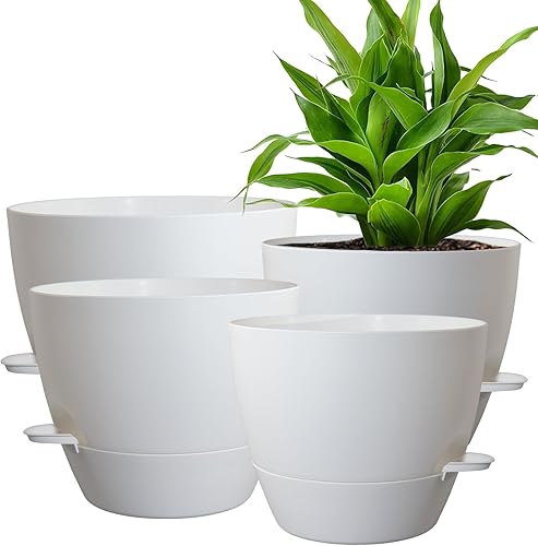 Miniatura 1 de Mornyray Macetas de riego automático de 10987 pulgadas, juego de 4 macetas con depósito profundo y agujeros de drenaje para plantas y flores de