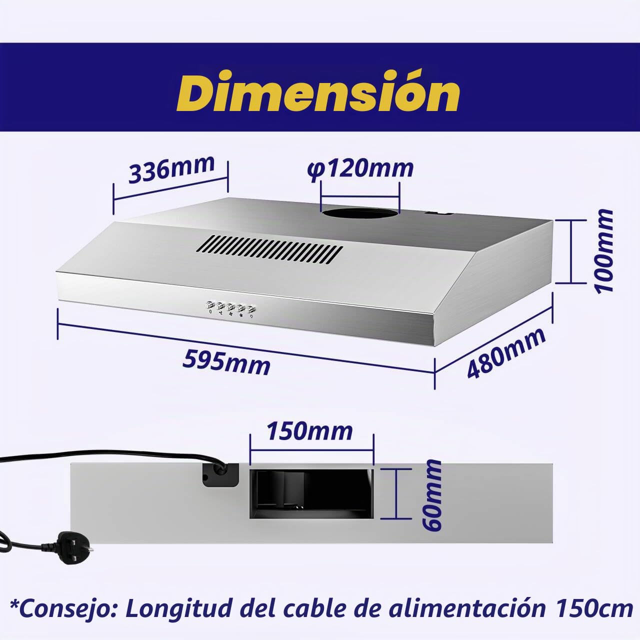 FIREGAS campana extractora 60 cm, con motor sin escobillas, 3 velocidades, 250 m³/h, iluminación LED, filtro de carbón incluido, evacuación y reciclaje, acero inoxidable