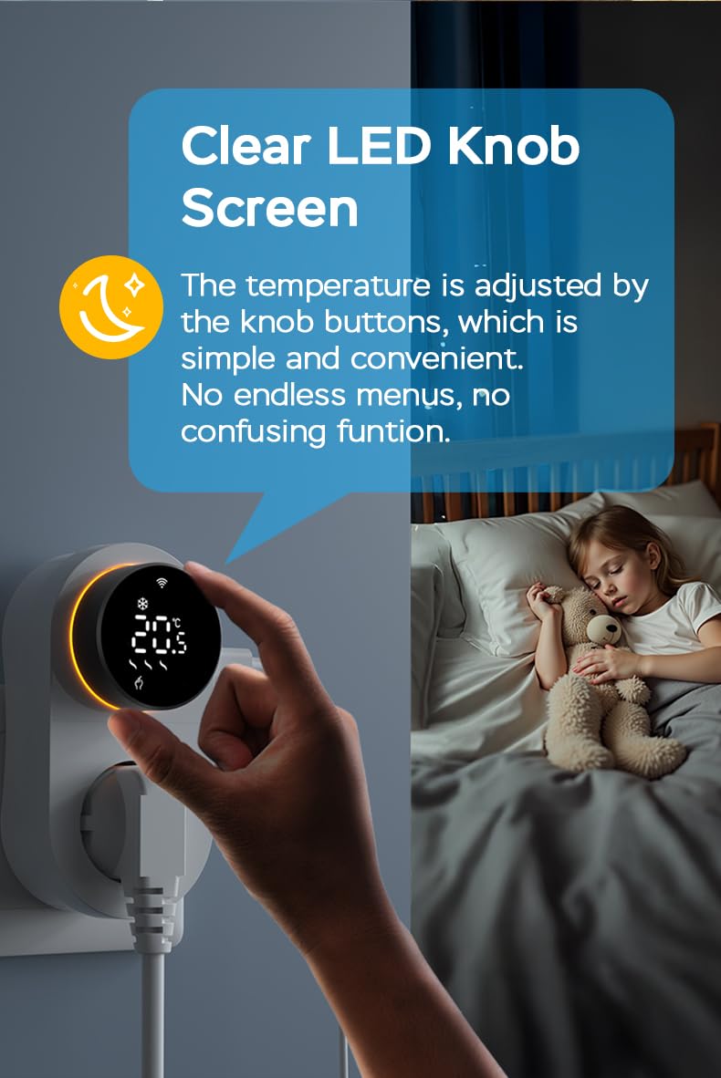 Yasorn Termostato WiFi con enchufe 240V, controlador de temperatura LED con mando giratorio, enchufe inteligente con sensor,control por voz,calefacción y refrigeración, apto para invernaderos/acuarios