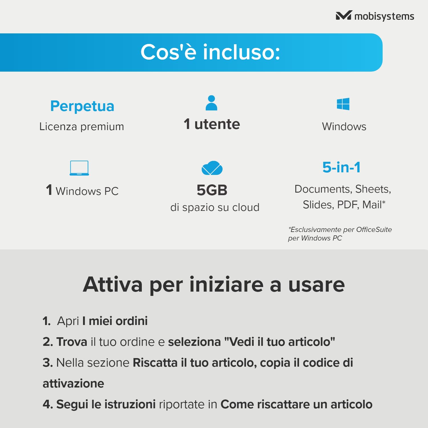 OfficeSuite Home & Business | Pacchetto 5-in-1 per l'ufficio | Documents, Sheets, Slides, PDF, Mail e Calendar | Licenza perpetua | 1 PC Windows | 1 utente [Online Code]