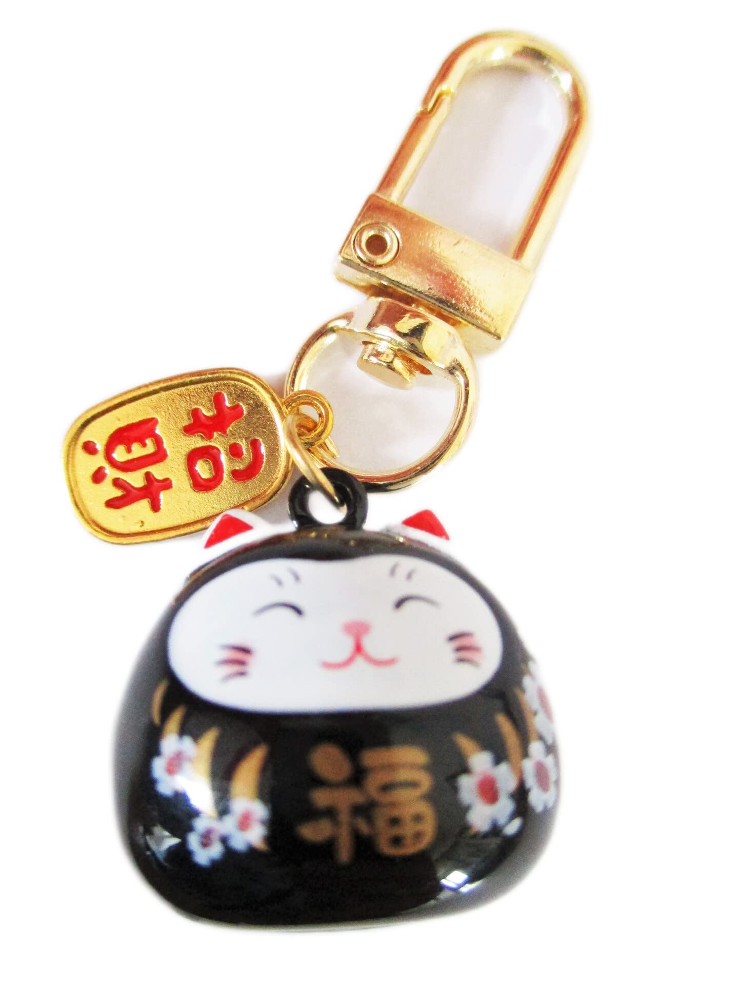 Maneki Neko Lucky Cat keyring Charm with lovely chime bell Japanese Good Luck Gift bringing prosperity and fortune bag, car, key phone charm (Black)