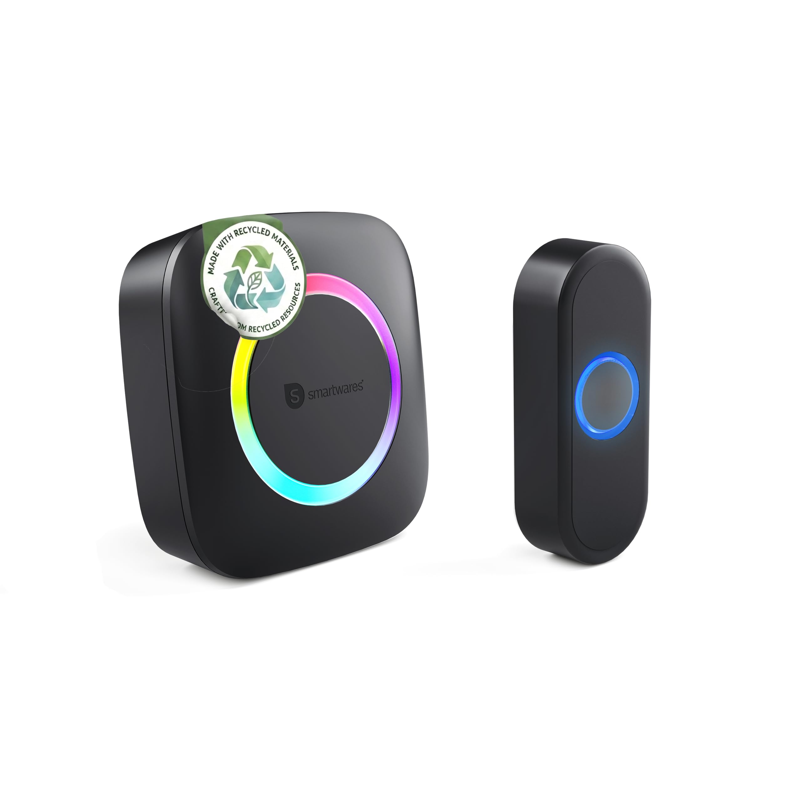 Smartwares Wireless doorbell Set - Portable Chime and Push Button - 300 m Range - 36 melodies - LED Ring - 85 dB - 4 Sound Level & Mute Function - Black - PD-4925