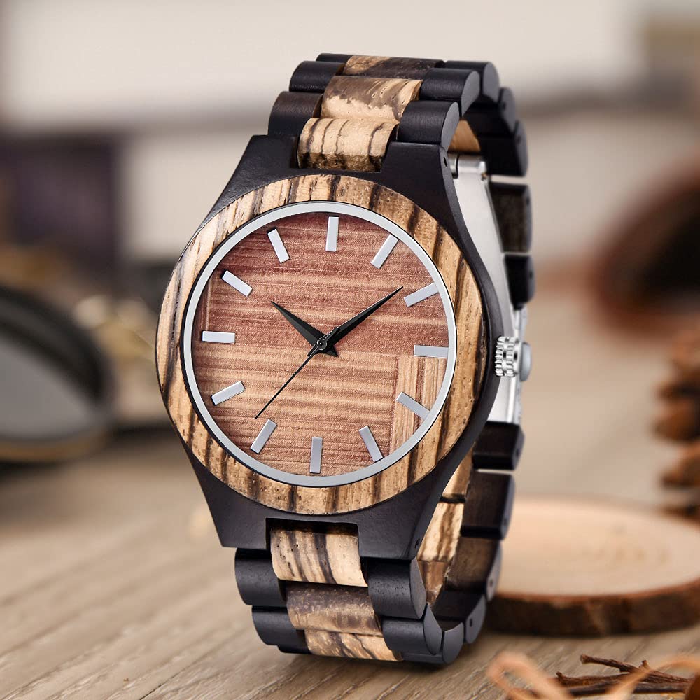 Tiong Orologio da uomo in legno, classico, in legno, analogico, al quarzo, da uomo, Wq3001-marrone, Retrò
