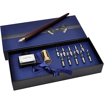 Plotube Wooden Pen Calligraphy Set - Dip Pen Gift Writing Case - Black Ink Bottle & Golden Pen Holder & 11 Nibs and Beginner's Manual