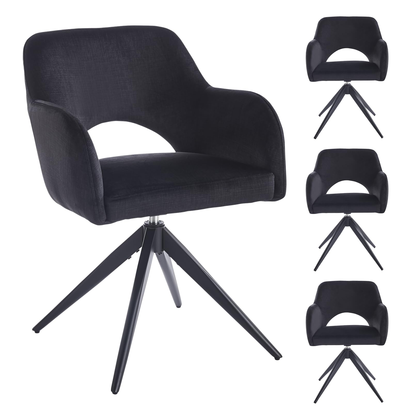 4er Set Drehbare Esszimmerstühle mit Armlehne – 360° Samt Polsterstuhl mit Auto-Return Funktion, Gepolstert, Schwarze Metallbeine, für Esszimmer & Küche