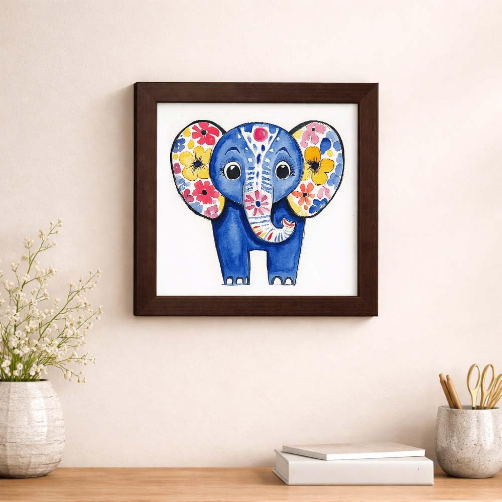 BLUE BLOOM ELEPHANT - PAPER PAJAMA - Cute Floral Elephant Kids Room Framed Wall Art Animal Illustration Nursery Decor Colorful Cartoon Painting for Bedroom Playroom - 9x9 Inches 2