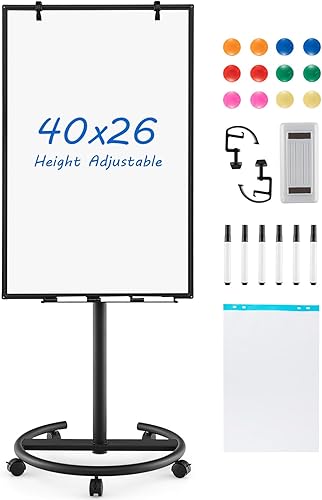Goplus Pizarra blanca móvil, 40 x 26 pulgadas, altura ajustable, pizarra blanca magnética con soporte redondo estable, clips de papel y bandeja de