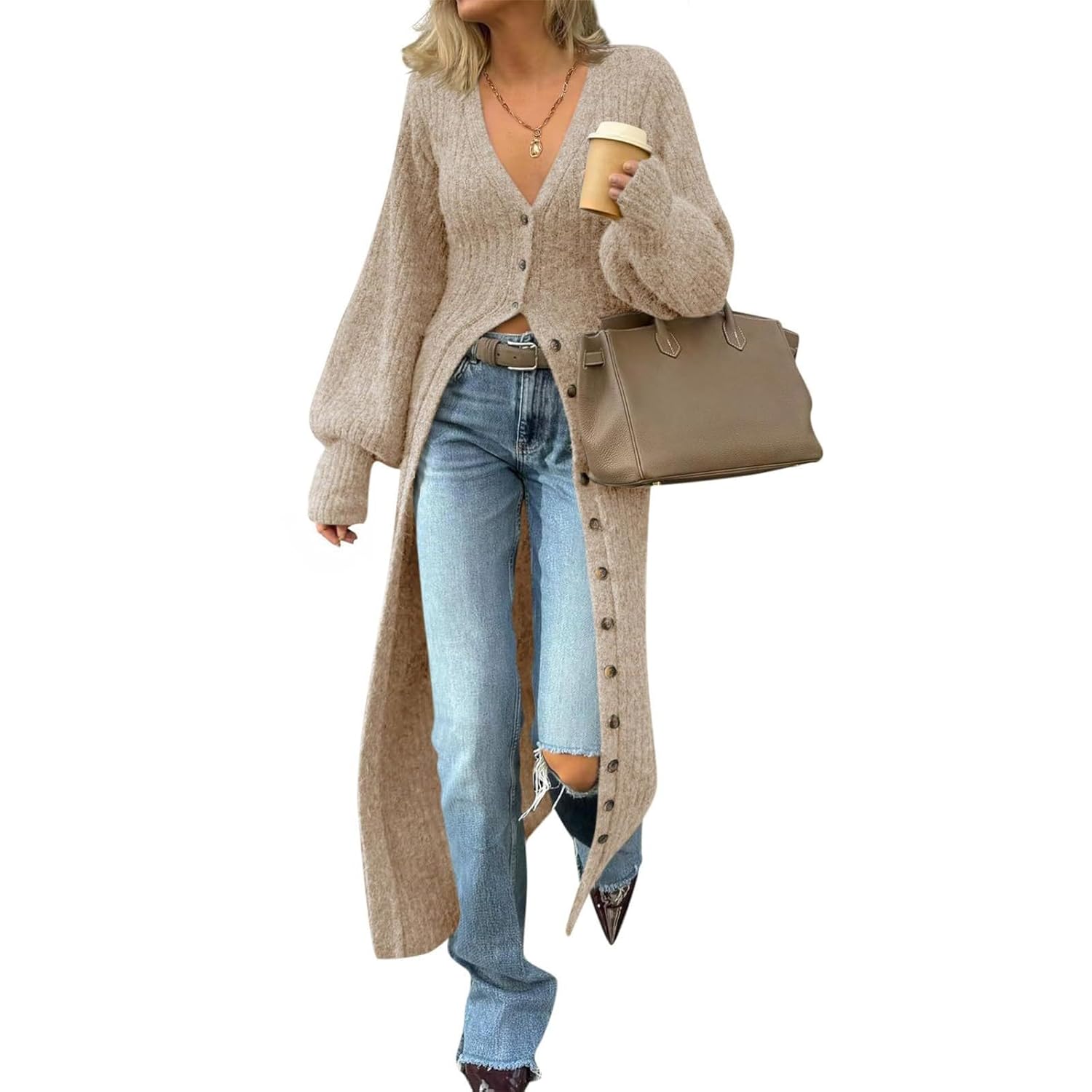 Comfortable Oversized Maxi Cardigan Dress Fashion Knit Long Sweater Coat with V Neckline Womens Winter Layering Staple Trend