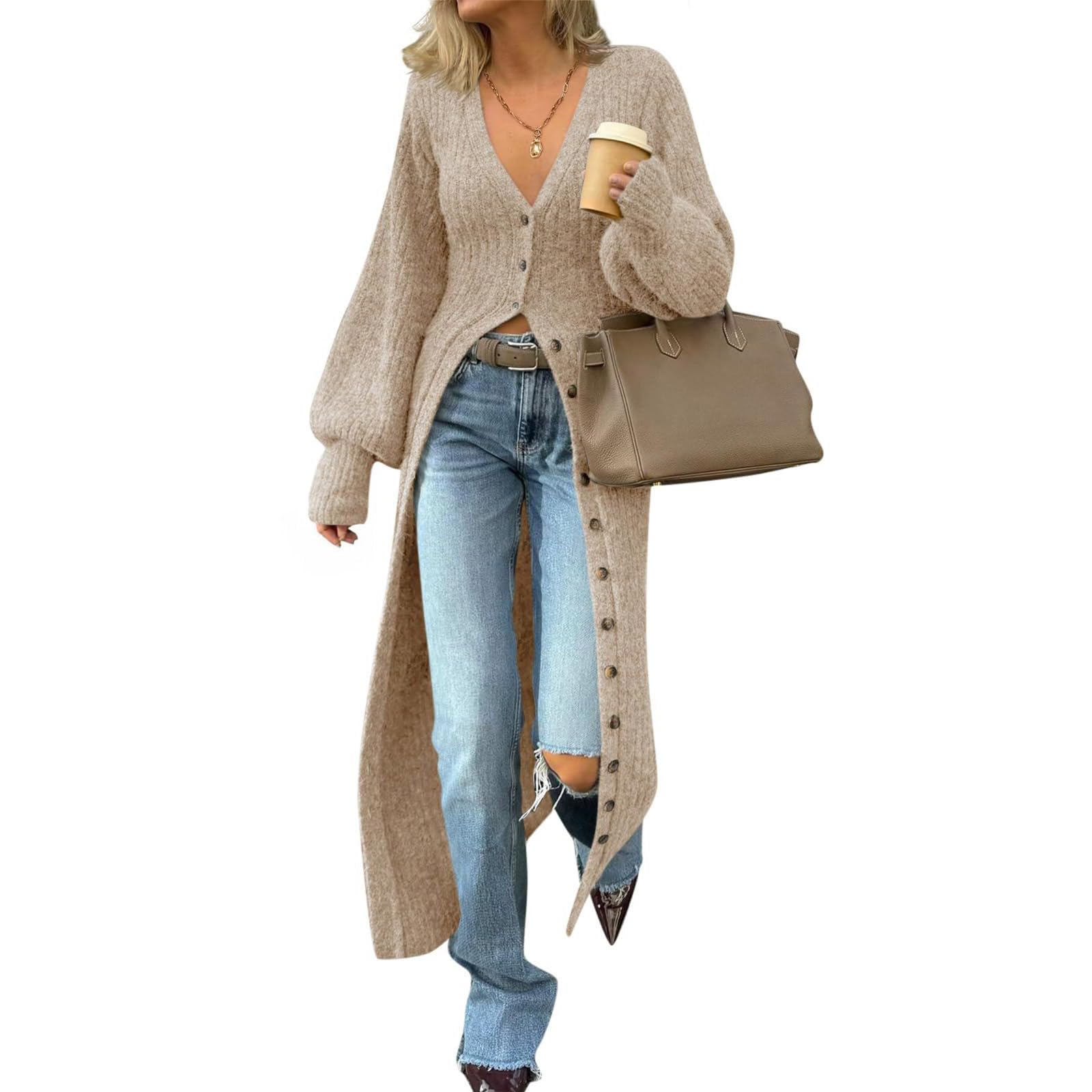 Comfortable Oversized Maxi Cardigan Dress Fashion Knit Long Sweater Coat with V Neckline Womens Winter Layering Staple Trend