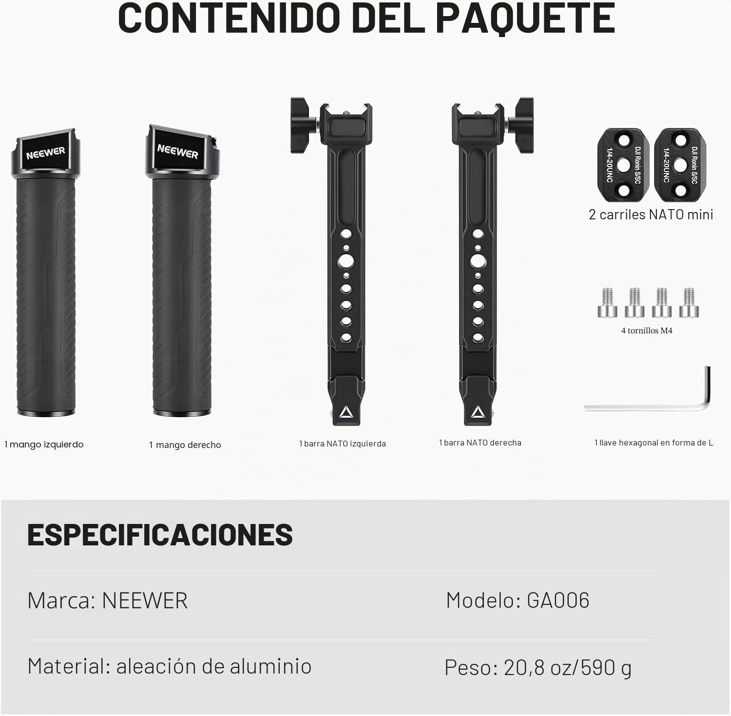 NEEWER Mango Dual Compatible con dji RS5 RS4 RS4 Pro RS3 RS3 Pro RS2 RSC2 Ronin S SC Gimbal, Kit de Handle Doble con 2 Mini NATO Rails, NATO Clamps de Liberación Rápida, Rosca de 1/4" y 3/8", GA006