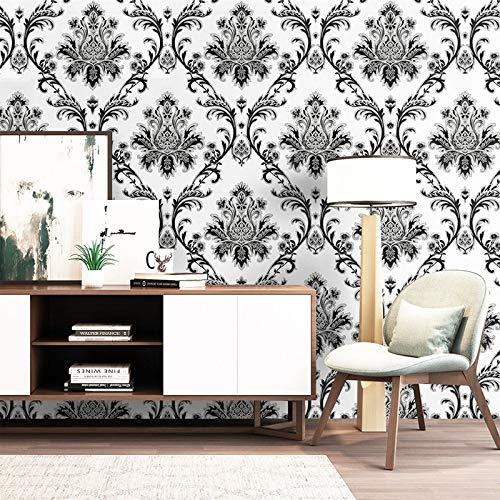 10X0.53M Vintage White Black Damask Waterproof Embossed Textured PVC Wallpaper Roll for Bedroom Livingroom 1.73' W x 32.8' L=5.3㎡ (57sq.ft)