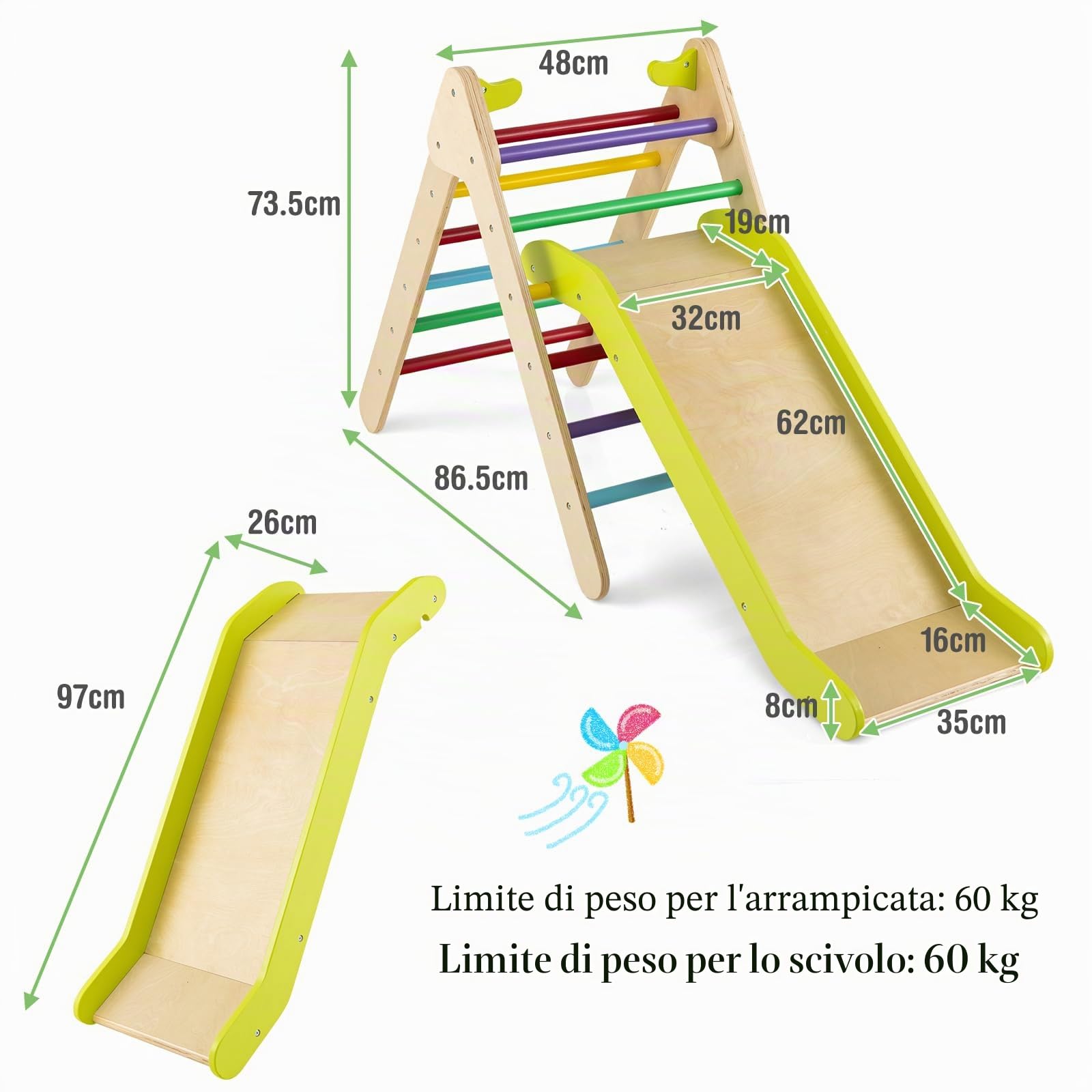 HOMASIS Triangolo da Arrampicata per Bambini con Scivolo Regolabile in Altezza, Triangolo Montessoriano per Bambini in Legno, Parco Giochi per Bambini da 1 Anno in Su, 86,5 x 73,5 x 48 cm (Colorato)