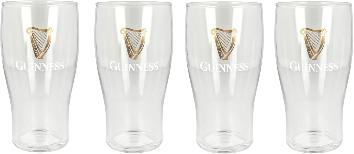 Guinness Tulip Style 20 Ounce Tulip Imperial Pint Glass - 2025 Gold Sparkle Harp U.S Pub Edition - Set of 4