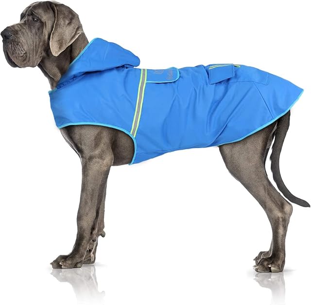 Bella & Balu Dog Raincoat, Waterproof Hooded Dog Coat with Reflectors for Dry, Safe Walks, Dog Playground and Holidays with Dog, XL, Blue