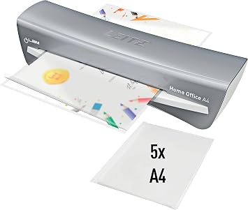 Leitz A4 laminating device for 80 to 125 micron laminating foils, including laminating cases, starter kit, ideal for use in home office, small office and school, gray, iLAM, 73680089