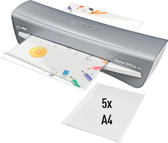 Leitz A4 laminating device for 80 to 125 micron laminating foils, including laminating cases, starter kit, ideal for use in home office, small office and school, gray, iLAM, 73680089