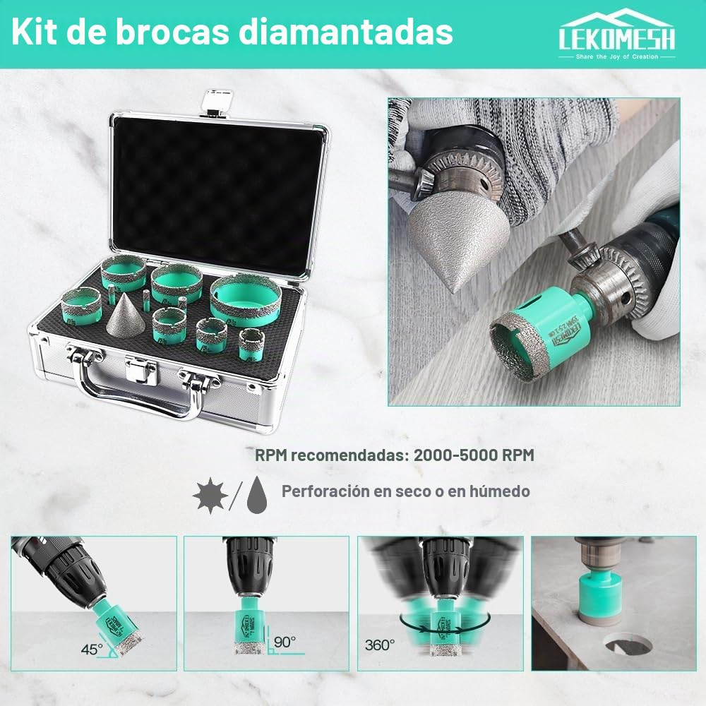 Kit de Broca de Diamante - 11piezas (6/6/8/20/25/28/35/45/50/65mm+35mm Broca Fresado Chaflán de Diamante) LEKOMESH,Vástago Triangular,para Porcelánico Cerámica Granito Mármol Mampostería Piedra