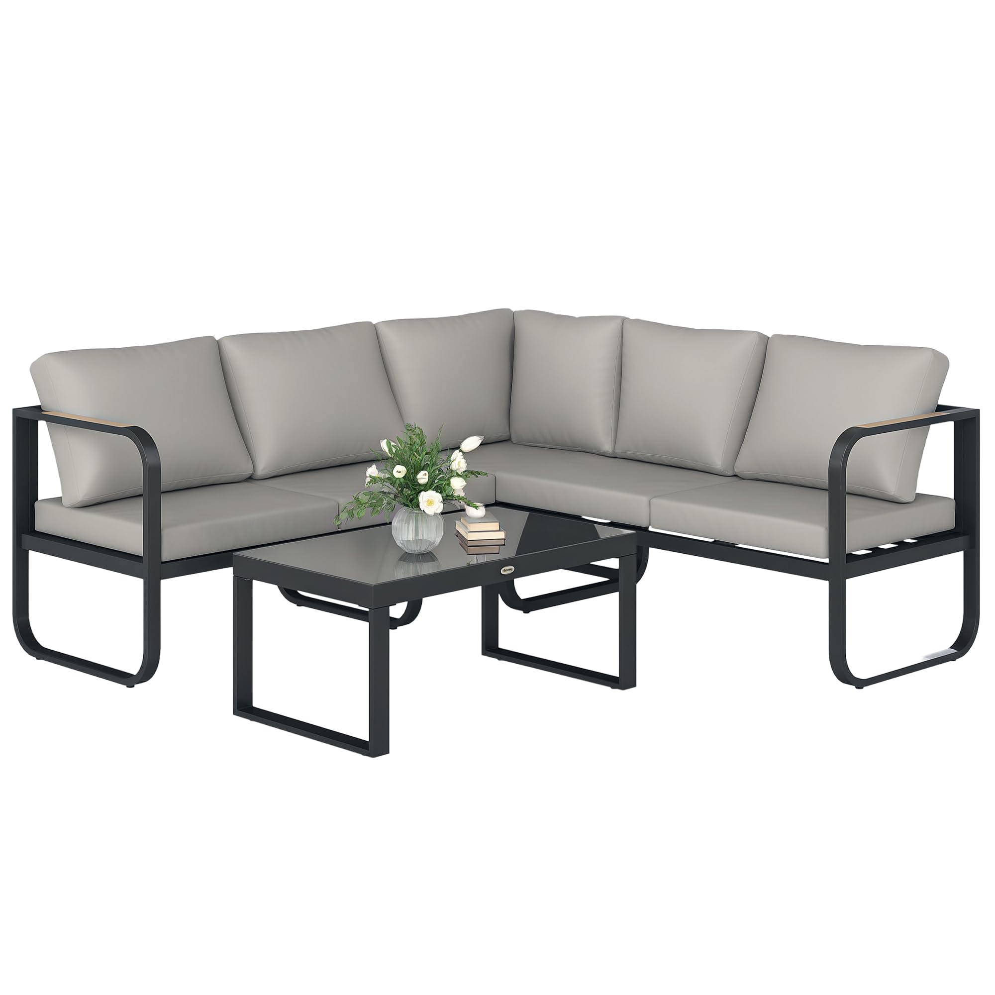 Outsunny Set Salotto da Giardino da 3 Pezzi, con Divanetto da Esterno a 3 Posti Regolabile in 5 Posizioni, Divano 2 Posti, Tavolo da Caffè in Vetro e Cuscini, Set di Mobili in Metallo, Grigio/Nero