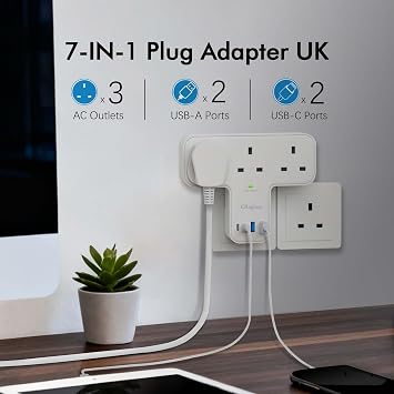 Multi Plug Adapter, 7 in 1 Plug Extension Socket 3 Way with 4 USB, Plug Adapter UK, Wall Socket Plug Extender for School Home, Kitchen, Office, White