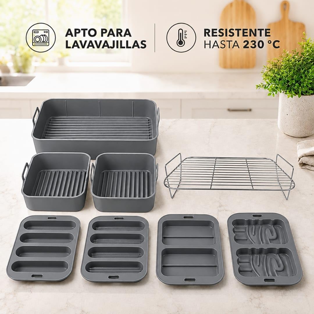 Pack para freidora de aire de 8 piezas compatible con Cosori Twinfry 10 l | 3 moldes con base de ondas suaves, 4 moldes de formas y rejilla S304 de doble altura, aptos para lavavajillas y hasta 230 °C