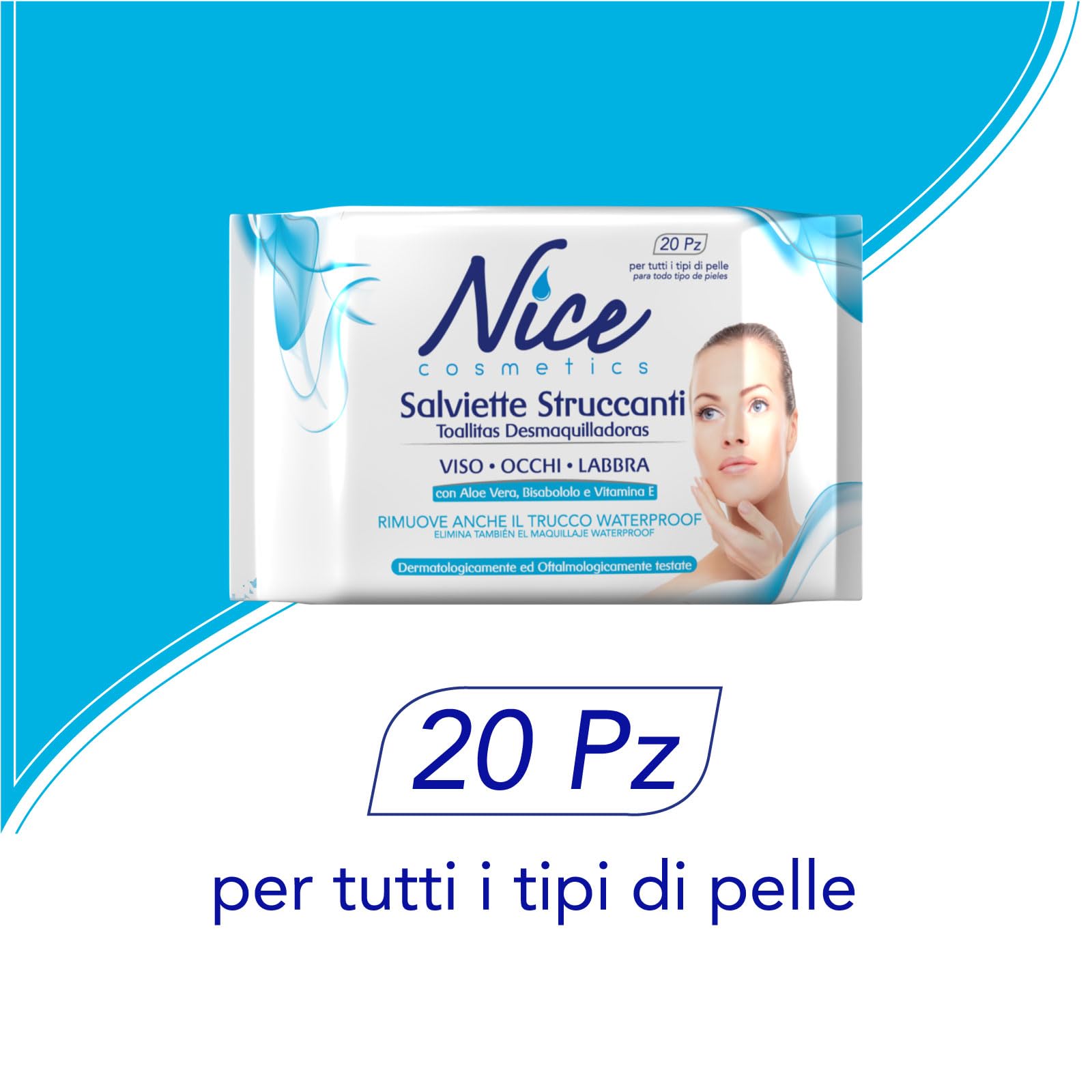 Nice Salviette Struccanti per Viso, Occhi e Labbra, con Aloe Vera, Bisabololo e Vitamina E, Dermatologicamente e Oftalmologicamente Testate, Confezione Tascabile da 20 Salviette
