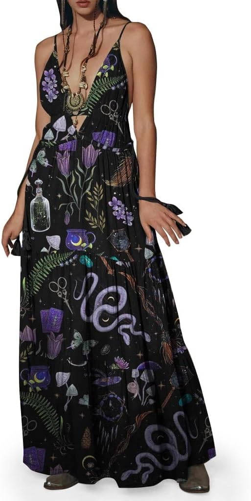 Womens Summer Sun Dresses Mystical Gothic Maxi Dress Casual Floral Witch Dress Date Dress Halloween Outfits