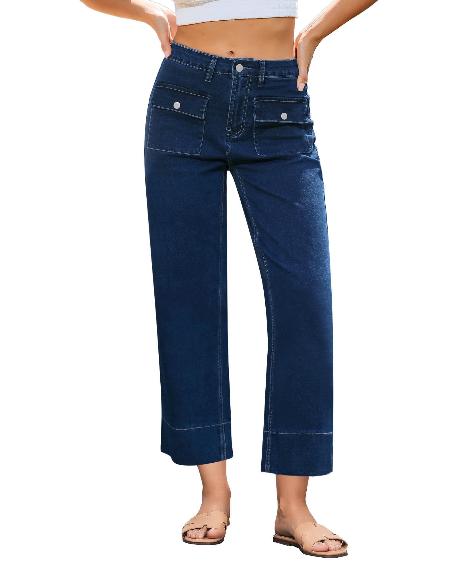 GRAPENT Wide Leg Jeans for Women Trendy High Waisted Straight Leg Cropped Stretchy Denim Pants with Retro Patch Pockets