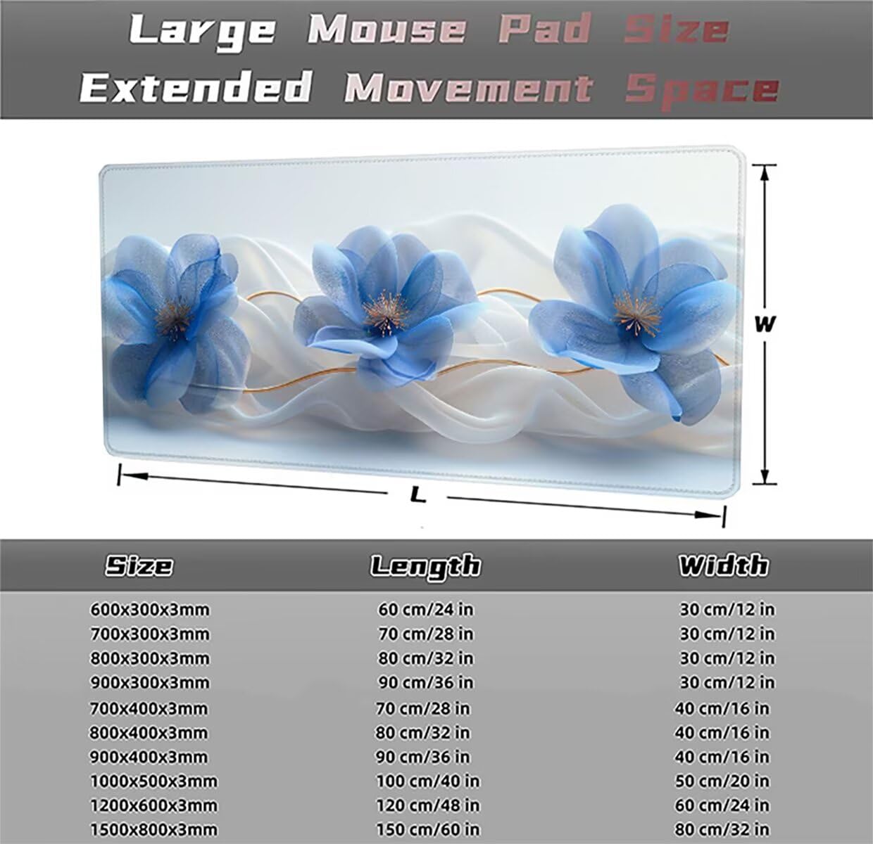 Tappetino per Mouse Gaming XXL 1200x600x3mm– Ufficio Mousepad Grande – Migliora la Velocità e la Precisione Tenuta Stabile Sottomano per Ufficio e Casa Accessori Scrivania Fiori PjY9443 N-U