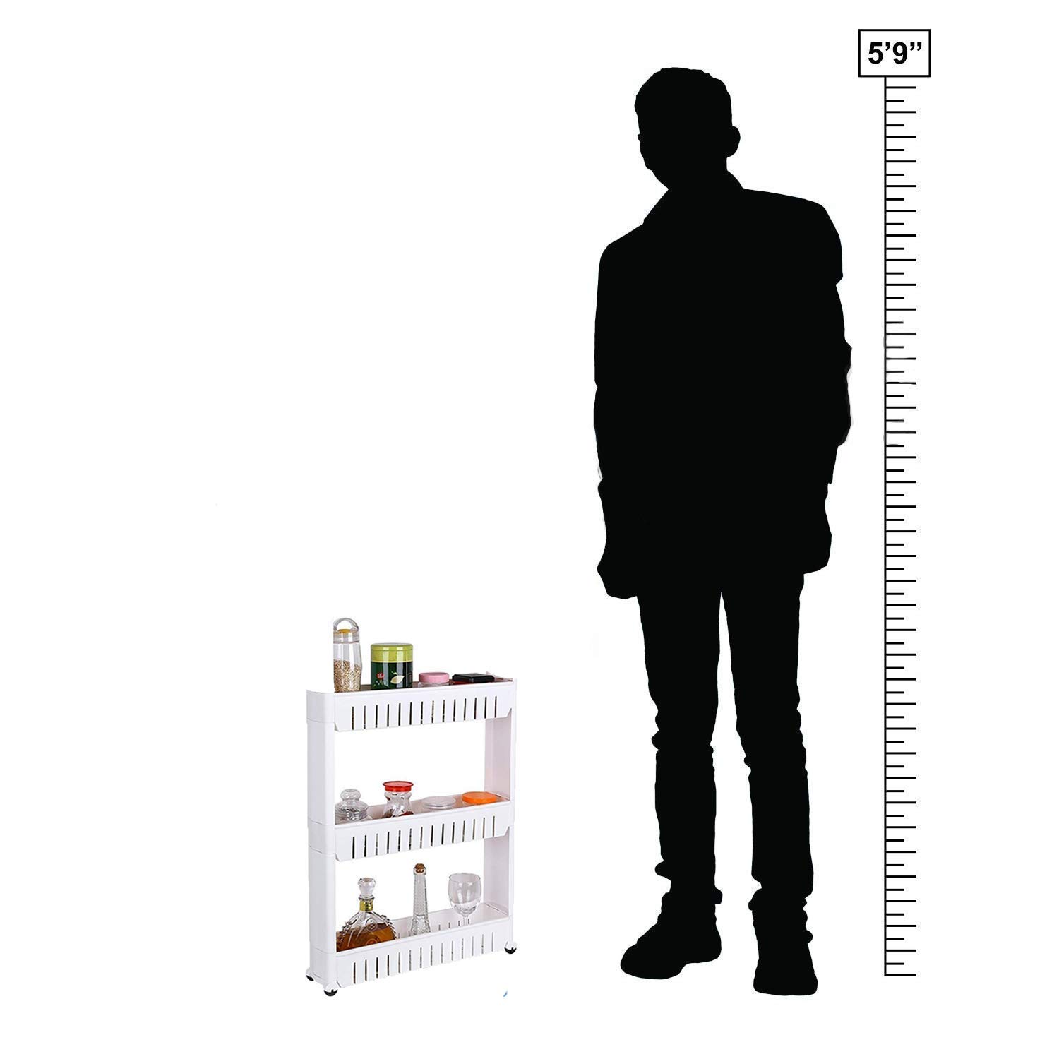 Ebee 3 Layer Storage Organizer Slim Plastic Rack Shelf with Wheels - White, Plastic Shelves - Image 4 thumbnail