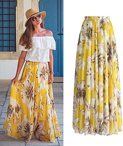 Amazon Co Jp 新しいファッションエレガントなシフォンレディースフローラルジャージージプシーロングマキシフルプリントスカートホリデービーチ ドレス Gzszya Color Yellow Size Medium ファッション