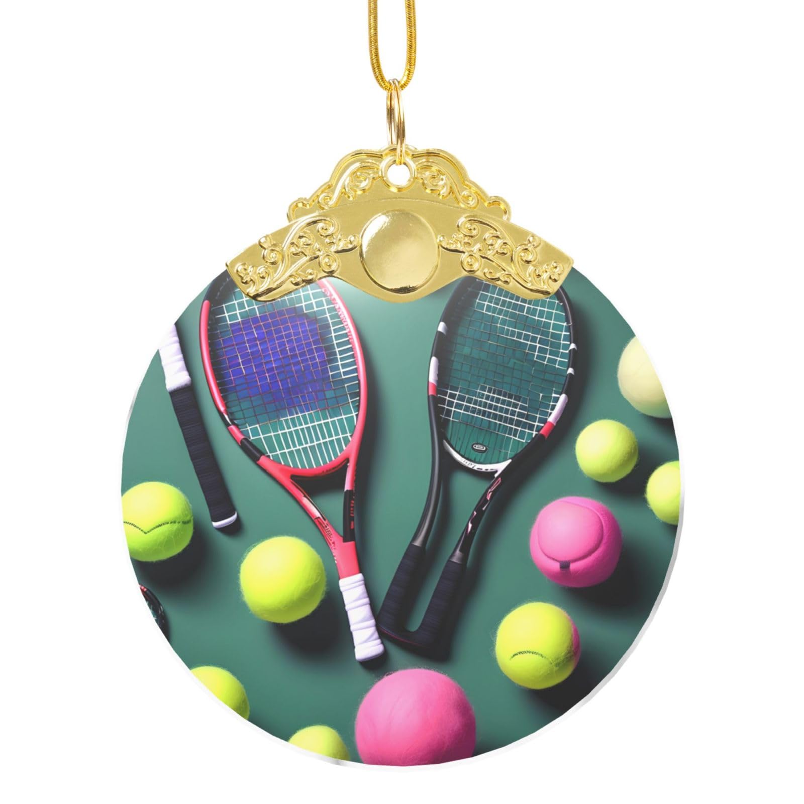 Glass Round Christmas Tree Hanging Funny Tennis Racquets and Tennis Balls Print Xmas Ornaments for Christmas Parties Home Decor Gifts