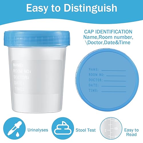 Miniatura 24 de 100 vasos para muestras de orina con tapas y sello evidente para muestras de orina, vasos de colección desechables para recolección y pruebas