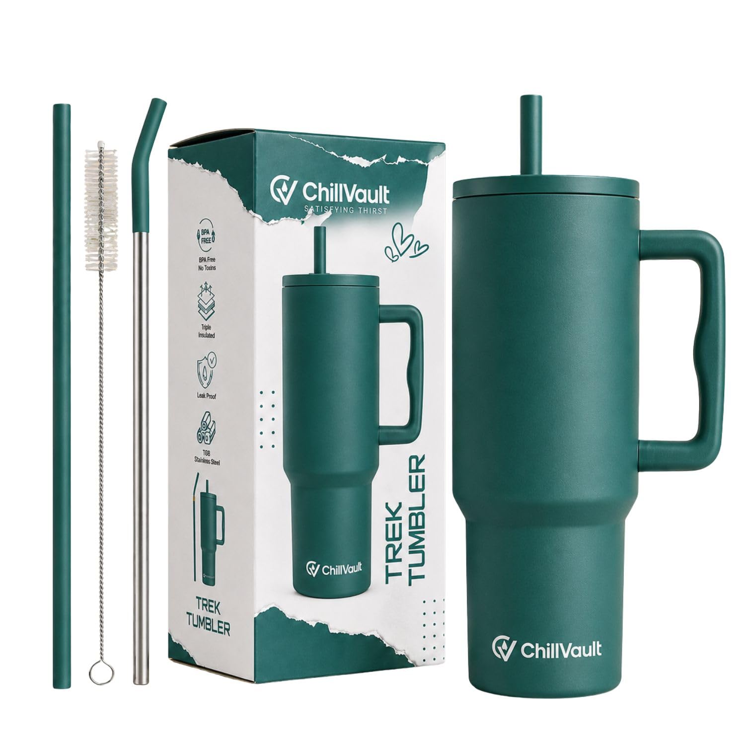 REFULGIX ChillVault 1200ML Stainless Steel Tumbler | Double Insulated with Handle & 2 Straws | Leak-Proof Hot & Cold Sipper for Coffee, Travel & Home (Dark Green)